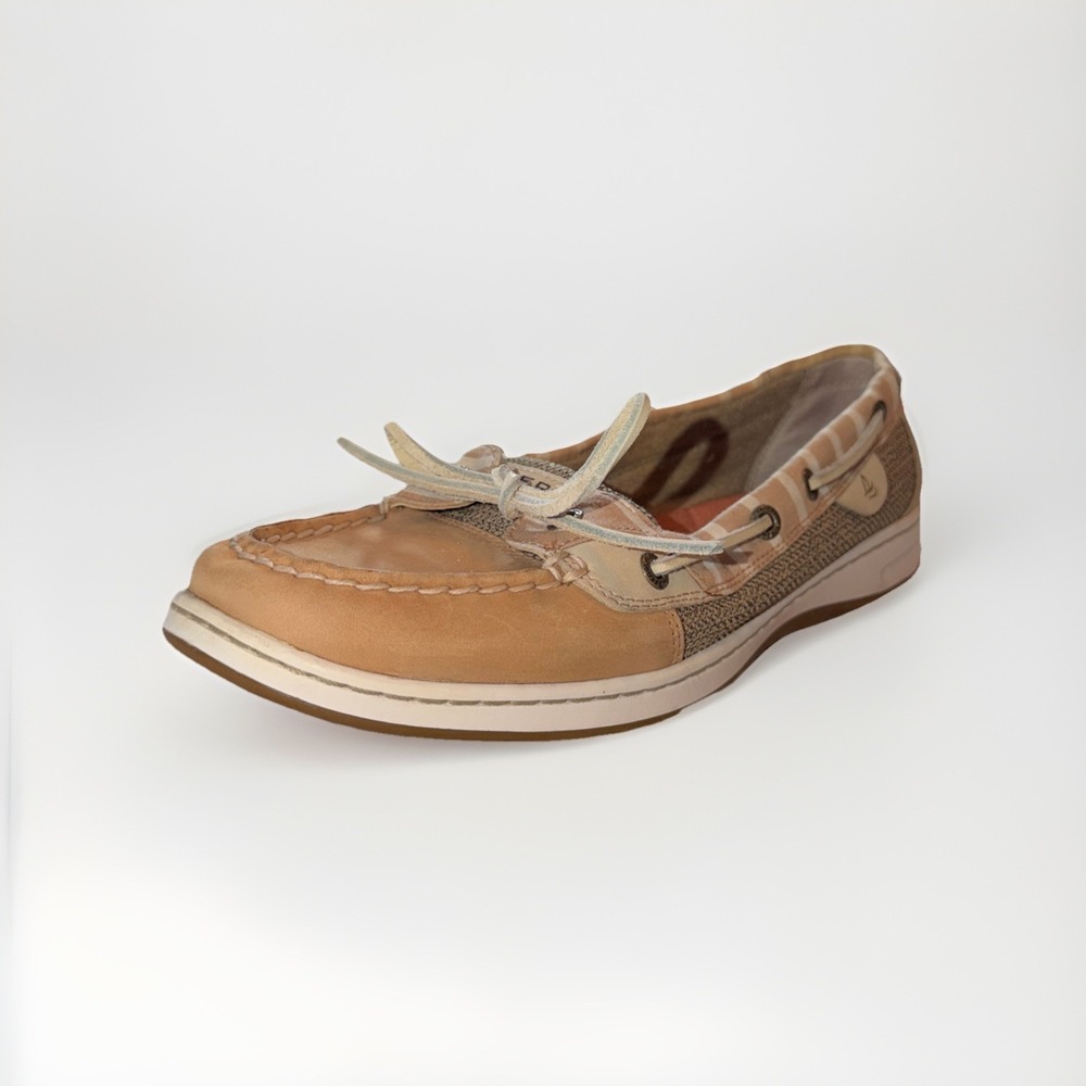 Sperry Topsider Boat Shoes Womens 10M Angelfish Plaid Casual Tan Beige Leather